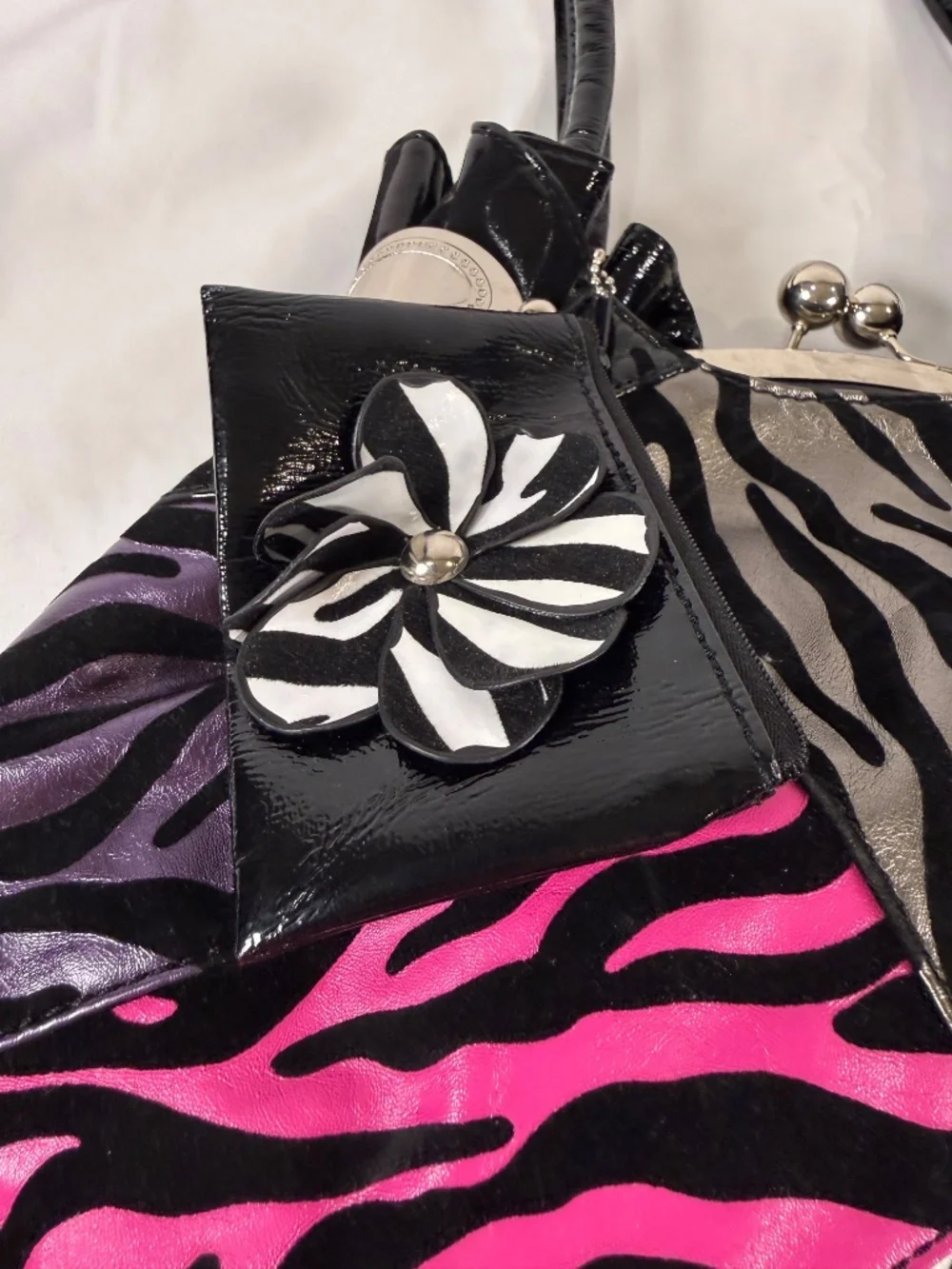 Y2K Zebra Print Kiss Lock Satchel Glam Statement Handbag